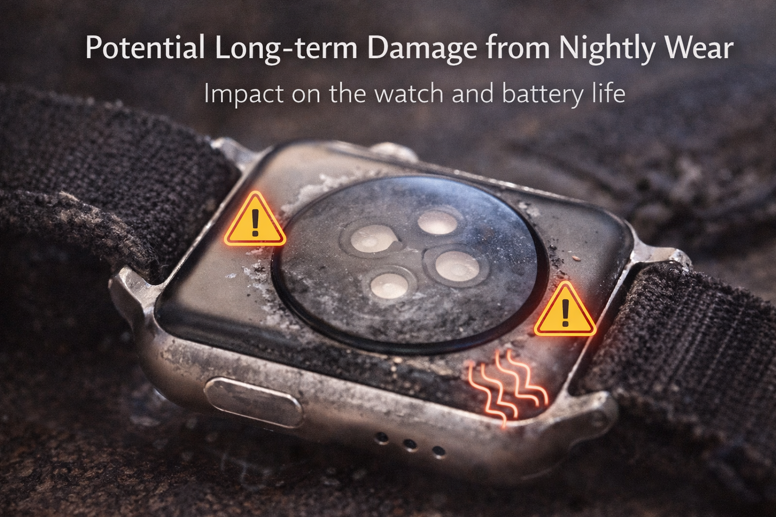 A close-up digital photograph designed for an educational article about the potential risks of wearing a watch while sleeping.