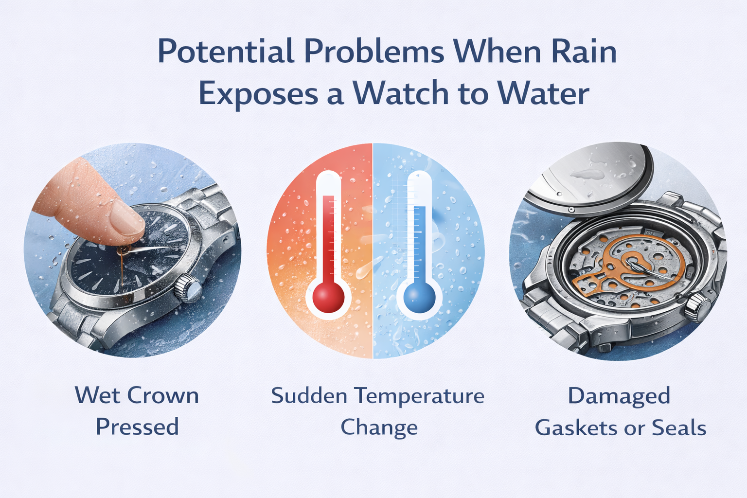 common causes of watch water damage including wet crown sudden temperature change and damaged gaskets