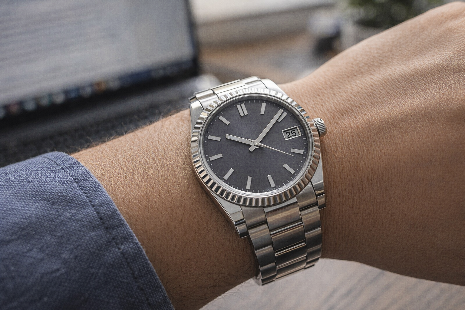 Luxury-style metal bracelet watch worn on the wrist in an office setting showing bracelet fit and daily wear feel