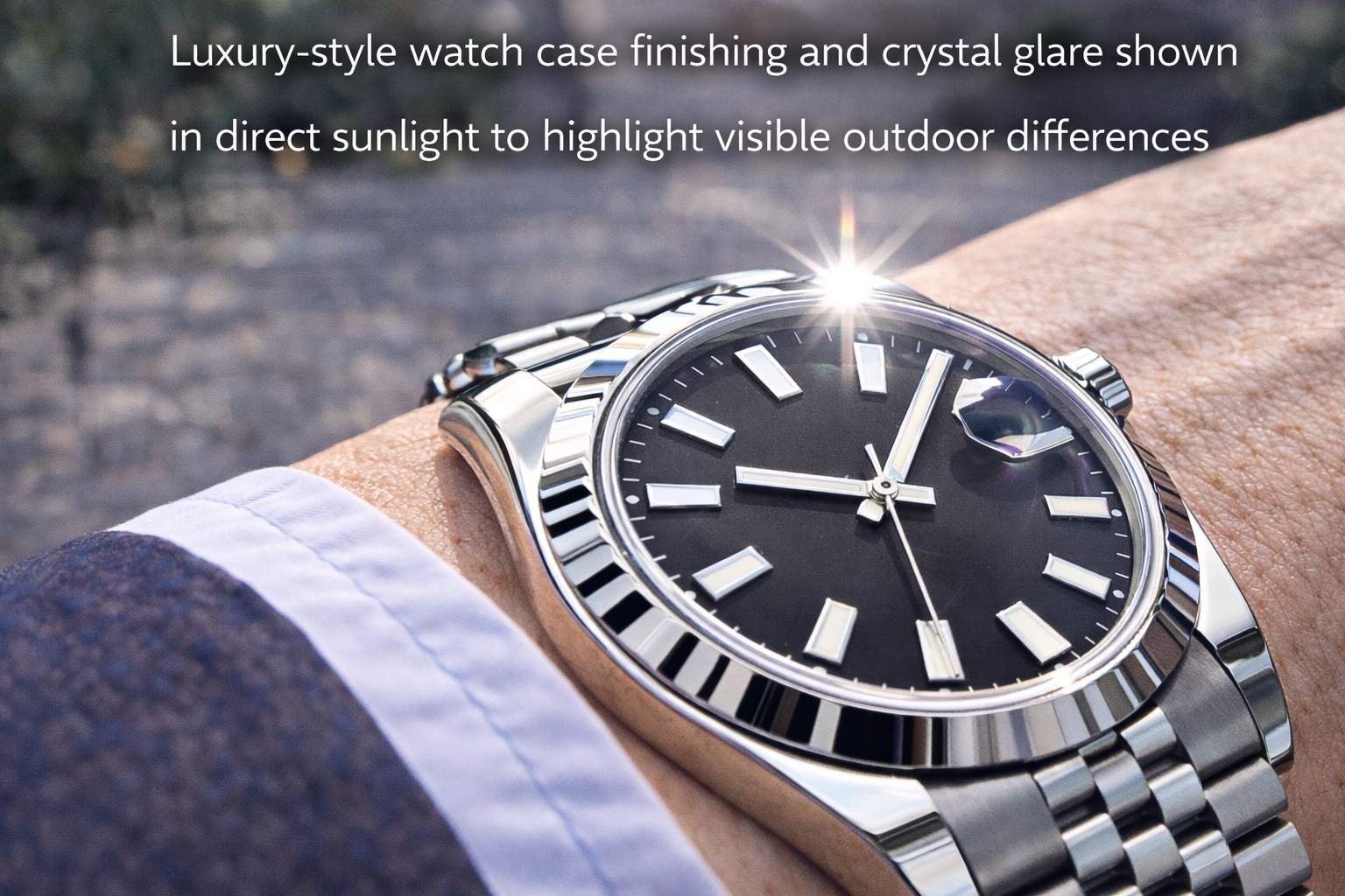 Luxury-style watch case finishing and crystal glare shown in direct sunlight to highlight visible outdoor differences