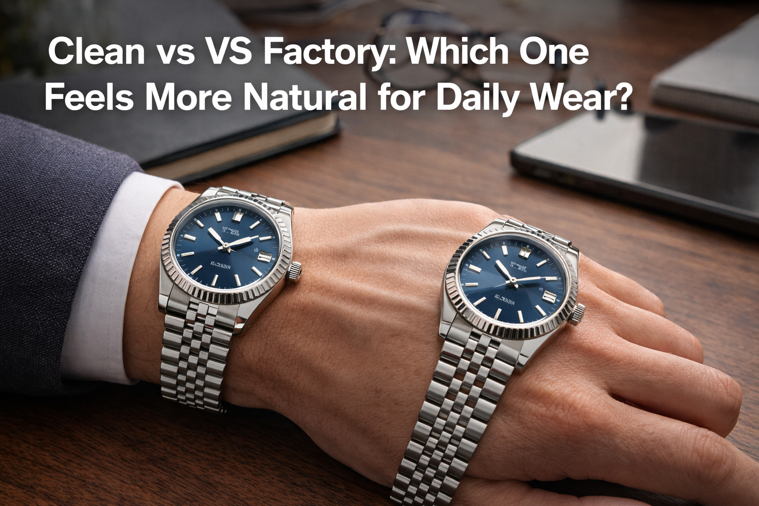 Clean vs VS Factory daily wear comparison showing two Datejust-style watches in a natural office setting