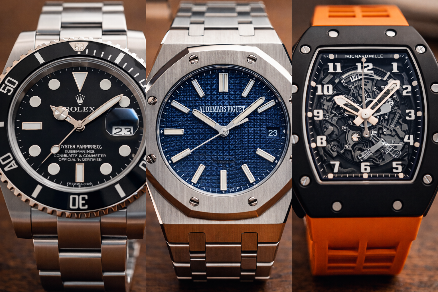 Close-up comparison of dial details across different replica watch brand styles