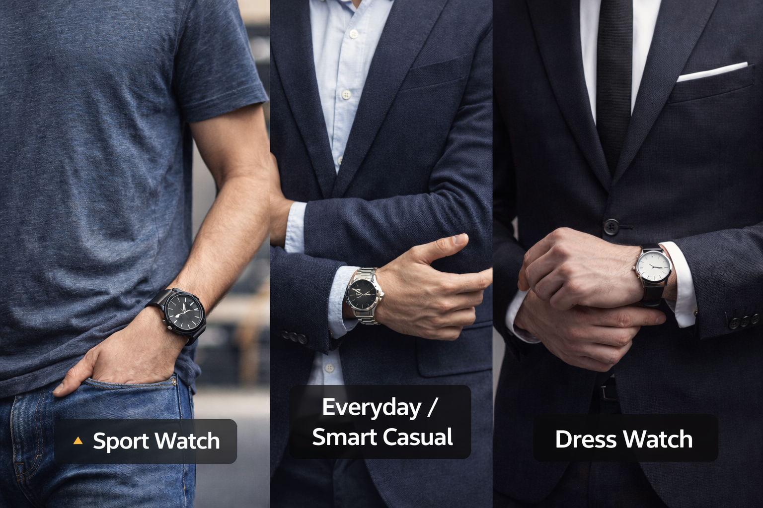 Sport watch everyday watch and dress watch matched with different outfit styles