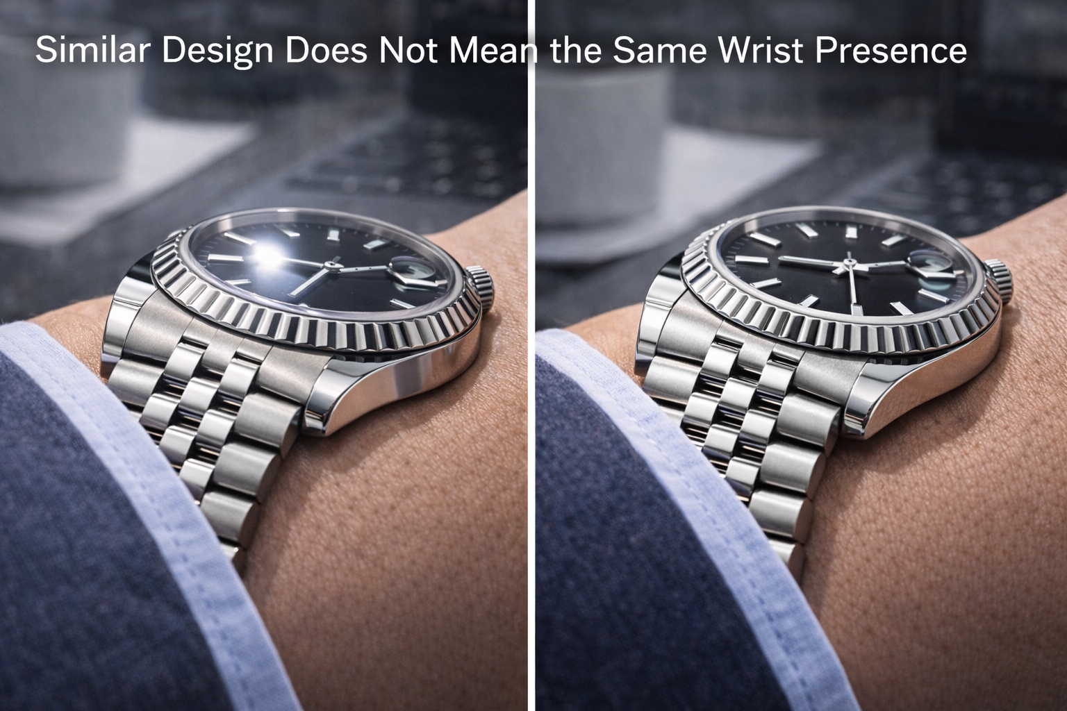 Two similar watches compared in office light to show differences in crystal glare dial clarity and wrist presence
