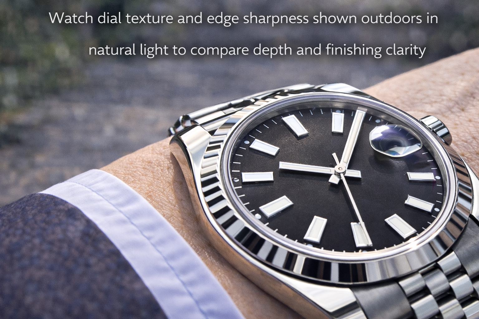 Luxury-style watch case finishing and crystal glare shown in direct sunlight to highlight visible outdoor differences