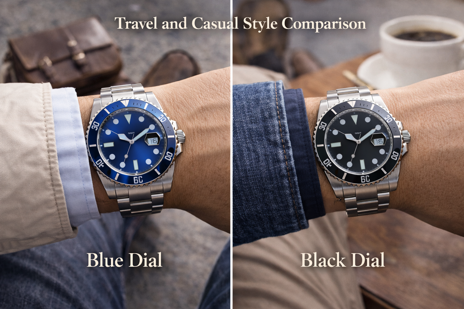 Blue dial and black dial watches compared in travel and casual style settings to show different everyday wear personalities