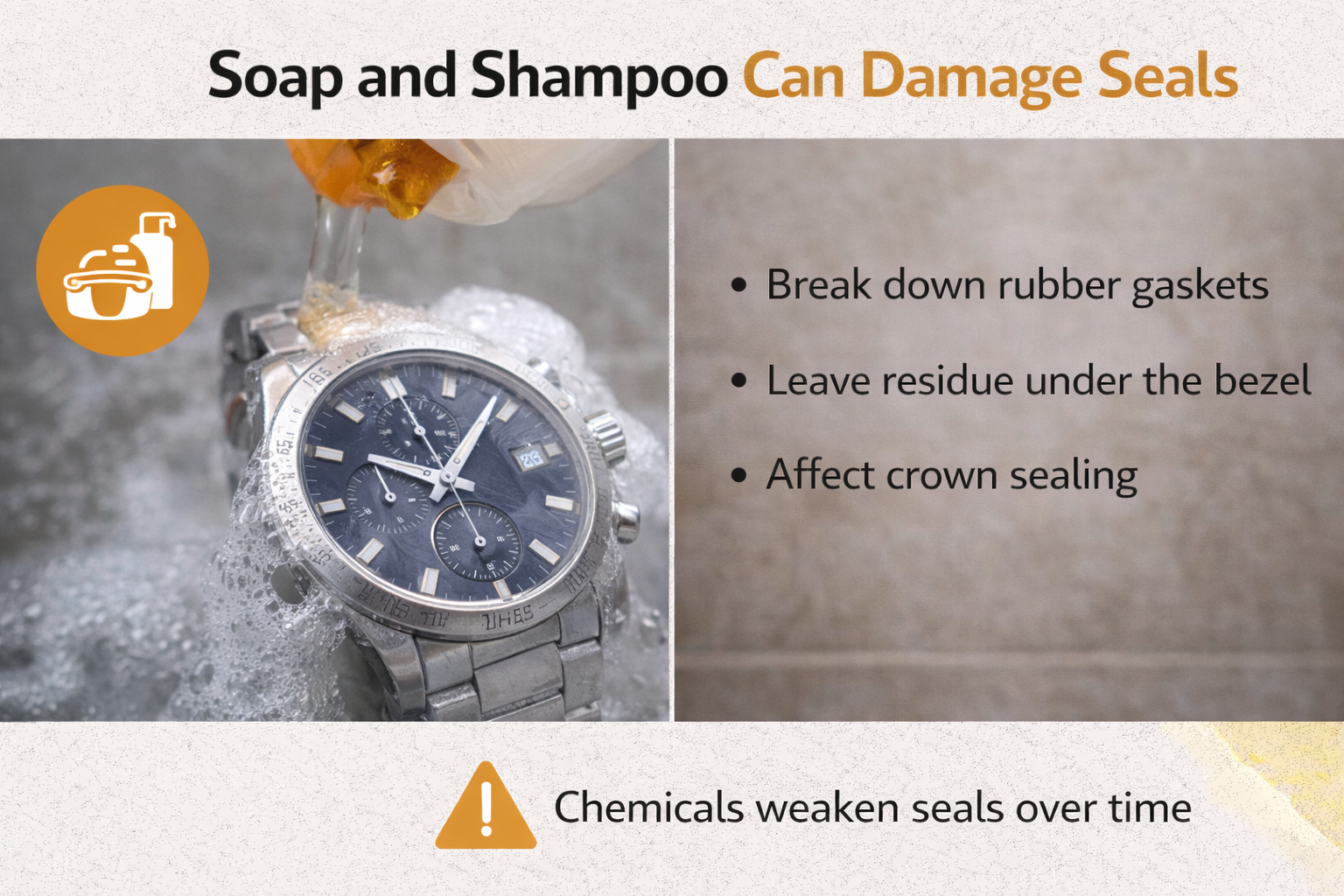 Soapy wristwatch showing how shampoo and soap chemicals can break down rubber gaskets and weaken water resistance seals.