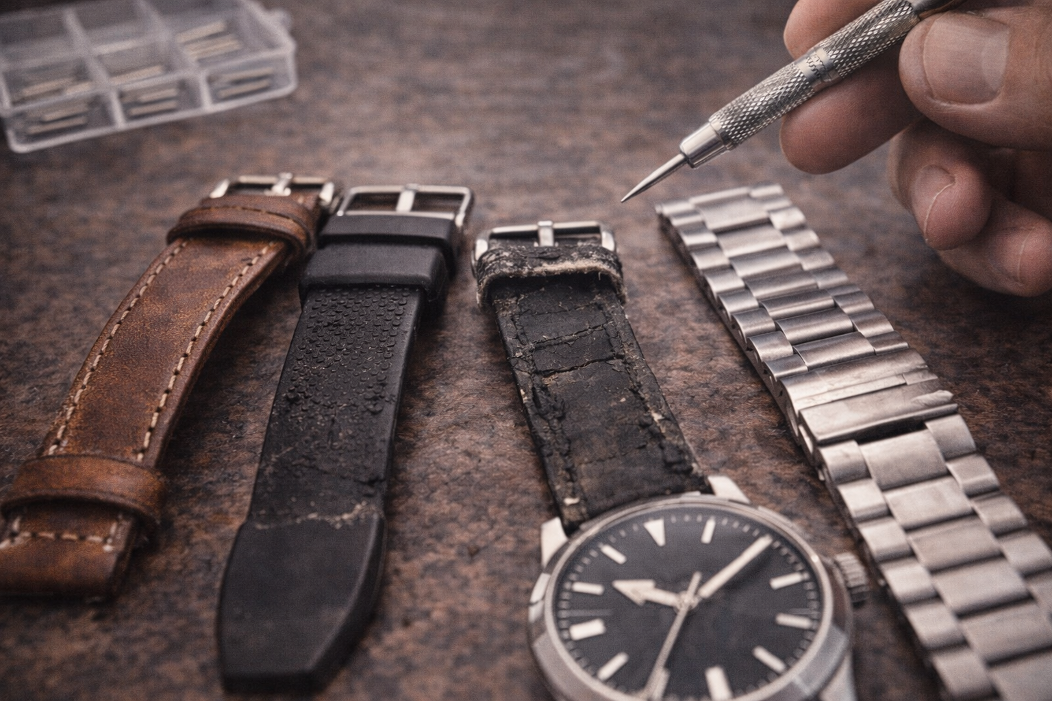 Close-up of worn leather, rubber, and metal watch straps showing cracks and damage before replacement.
