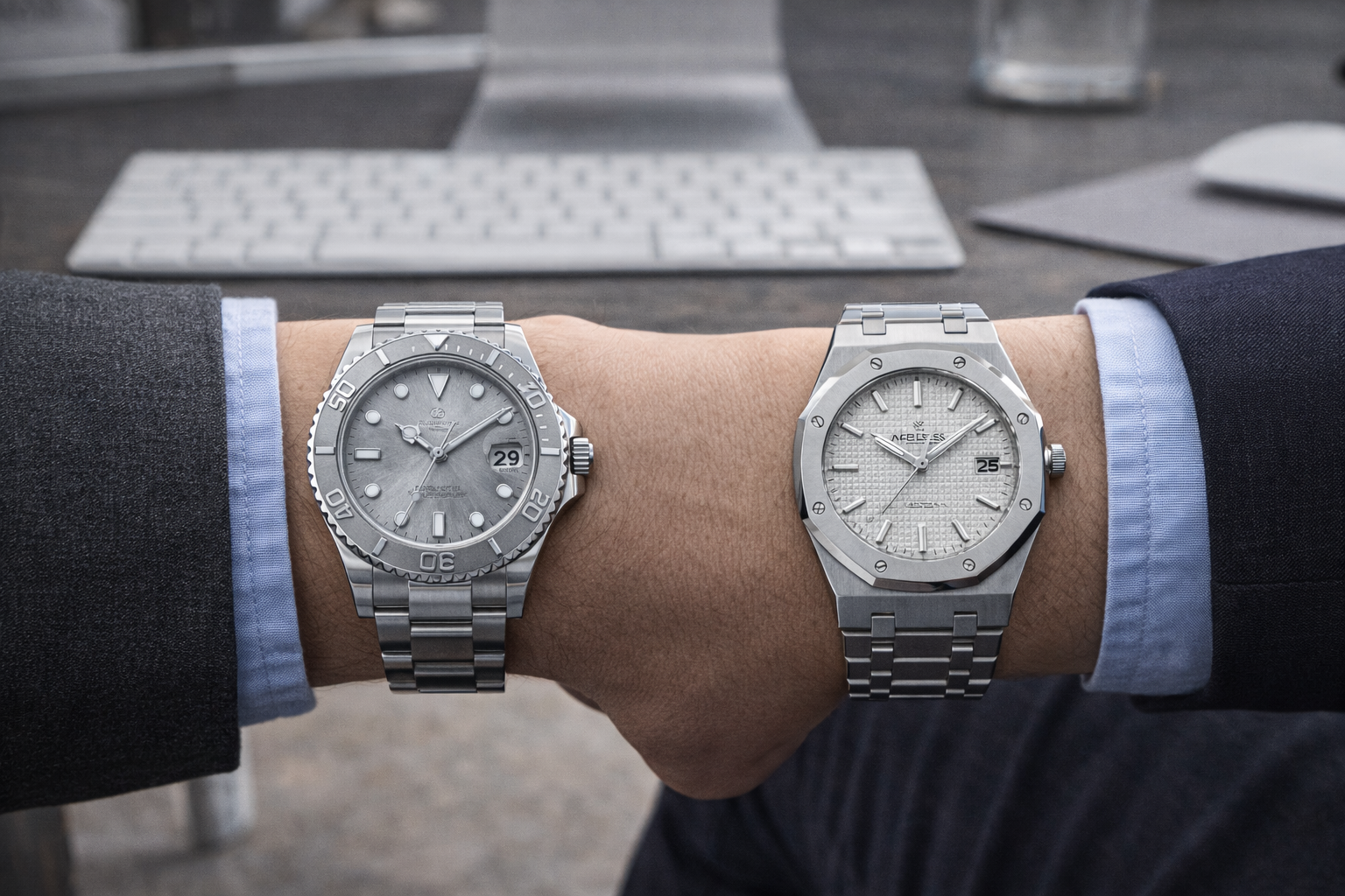 Rolex-style and AP-style watches worn with office clothing to compare everyday versatility and formal balance