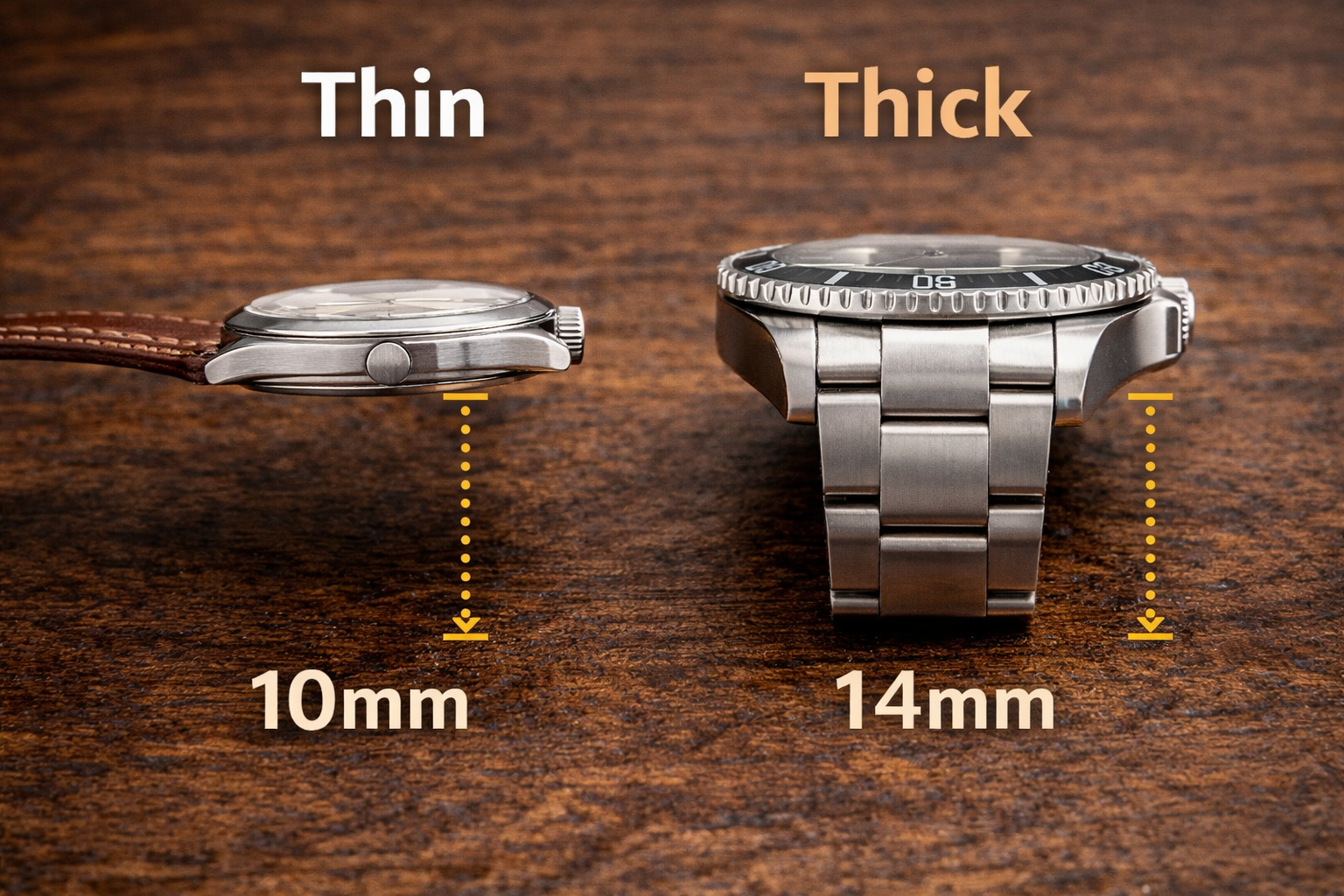 Comparison of thin 10mm watch and thick 14mm watch showing case thickness differences