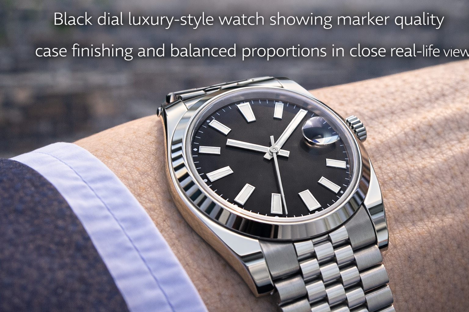 Black dial luxury-style watch showing marker quality case finishing and balanced proportions in close real-life view