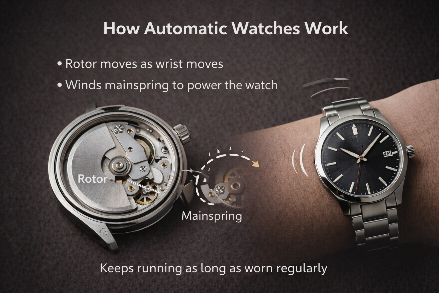 Automatic watch rotor movement showing how wrist motion winds the mainspring to power the watch