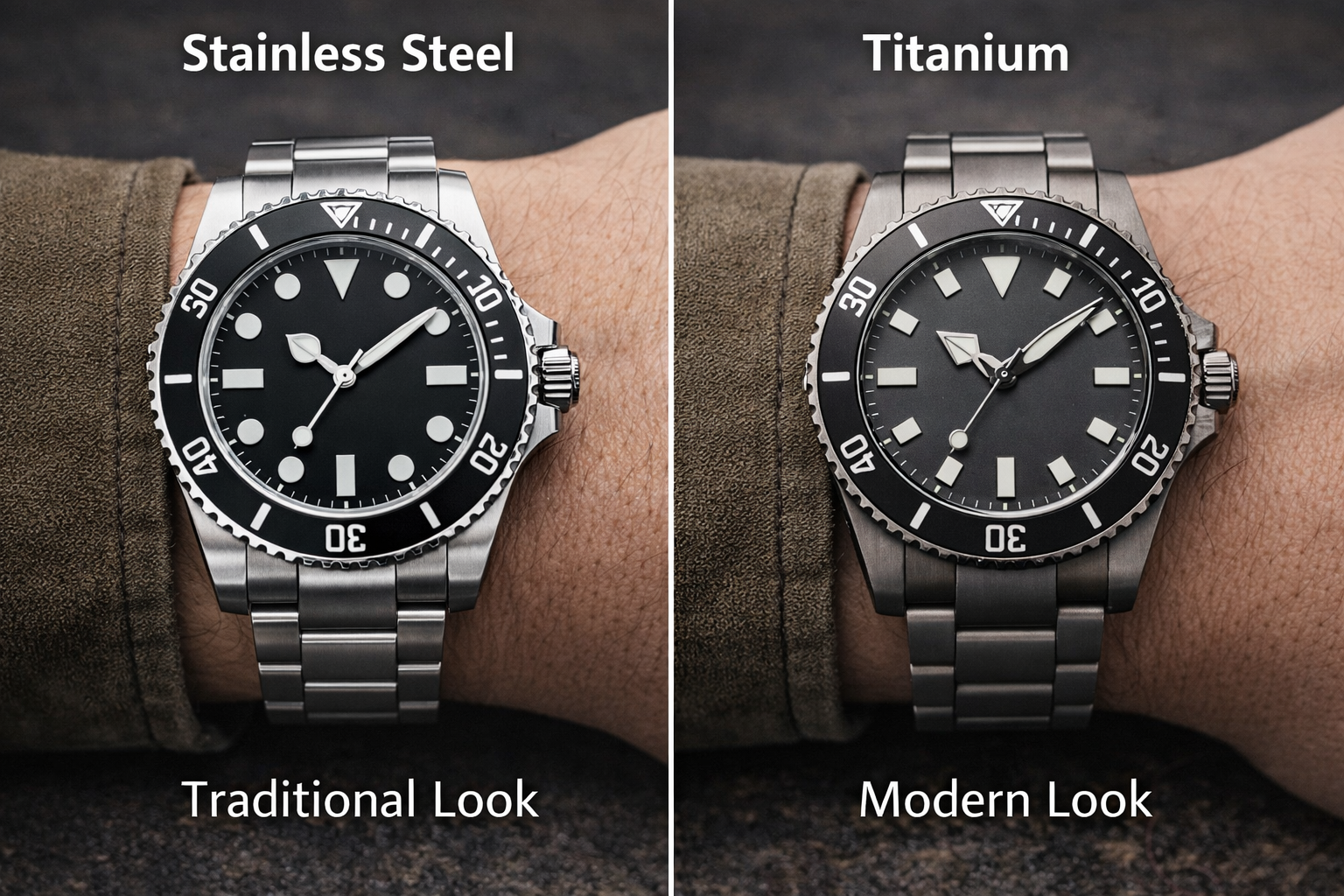 Guide to choosing between stainless steel and titanium watch case materials based on weight, comfort, appearance, and value