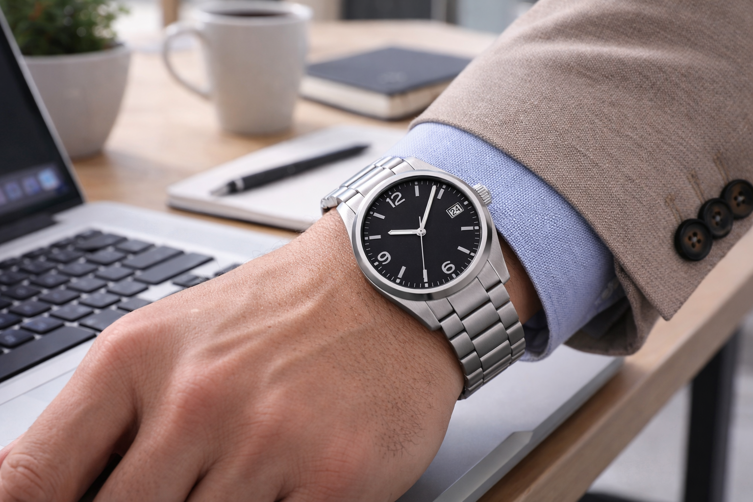 Everyday watch worn in a smart casual office setting to show how overall outfit balance can look better than exact watch-to-shoe matching