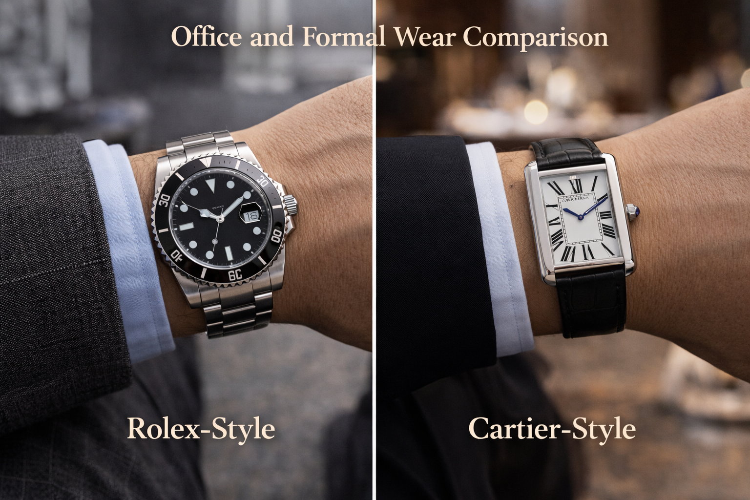 Rolex-style and Cartier-style watches compared in office and formal wear settings to show different kinds of timeless luxury