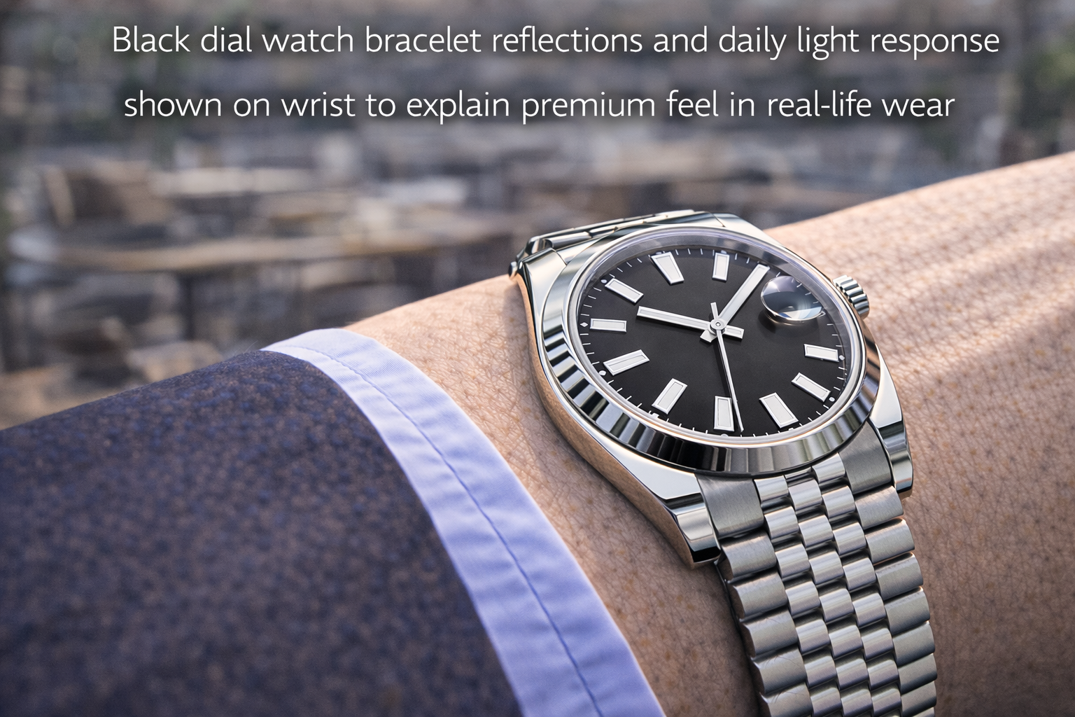 Black dial watch bracelet reflections and daily light response shown on wrist to explain premium feel in real-life wear