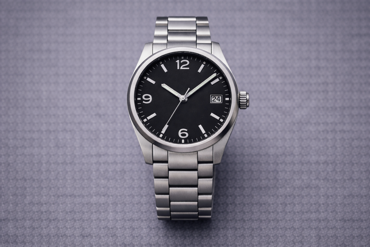 Clean black dial watch displayed alone to show a calm and refined dial layout with strong visual balance