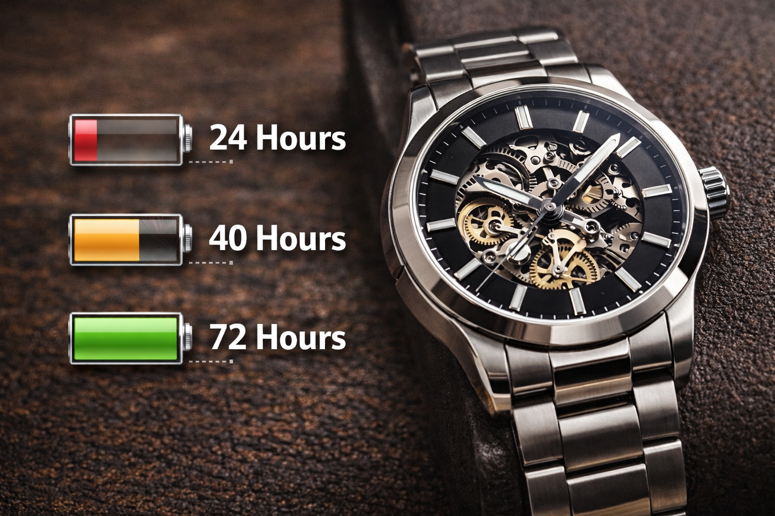 automatic watch power reserve comparison showing 24 40 and 72 hours