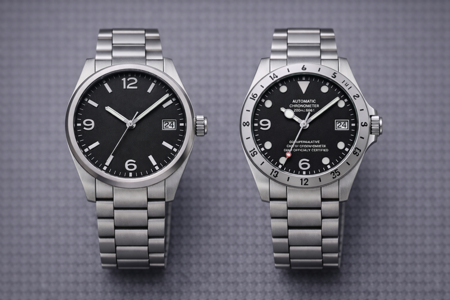 Clean dial watch and busier technical dial watch displayed side by side to compare refined visual calm and a more crowded premium impression