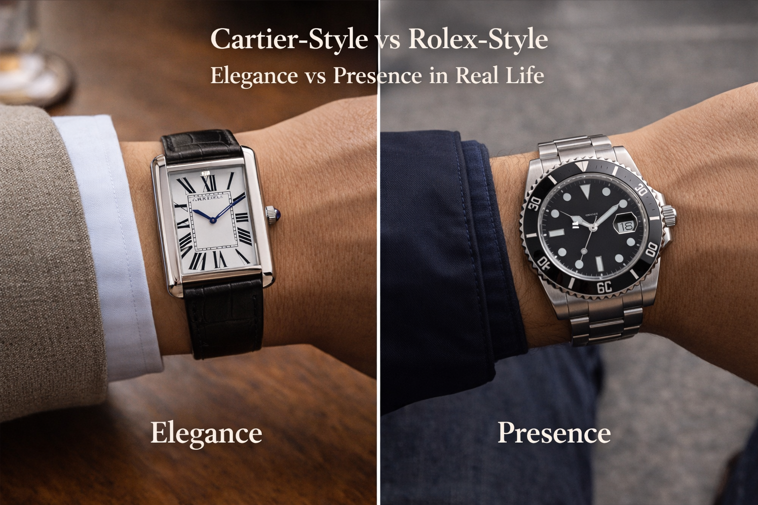 Cartier-style watch and Rolex-style watch compared to show elegance restraint and stronger everyday wrist presence in real life