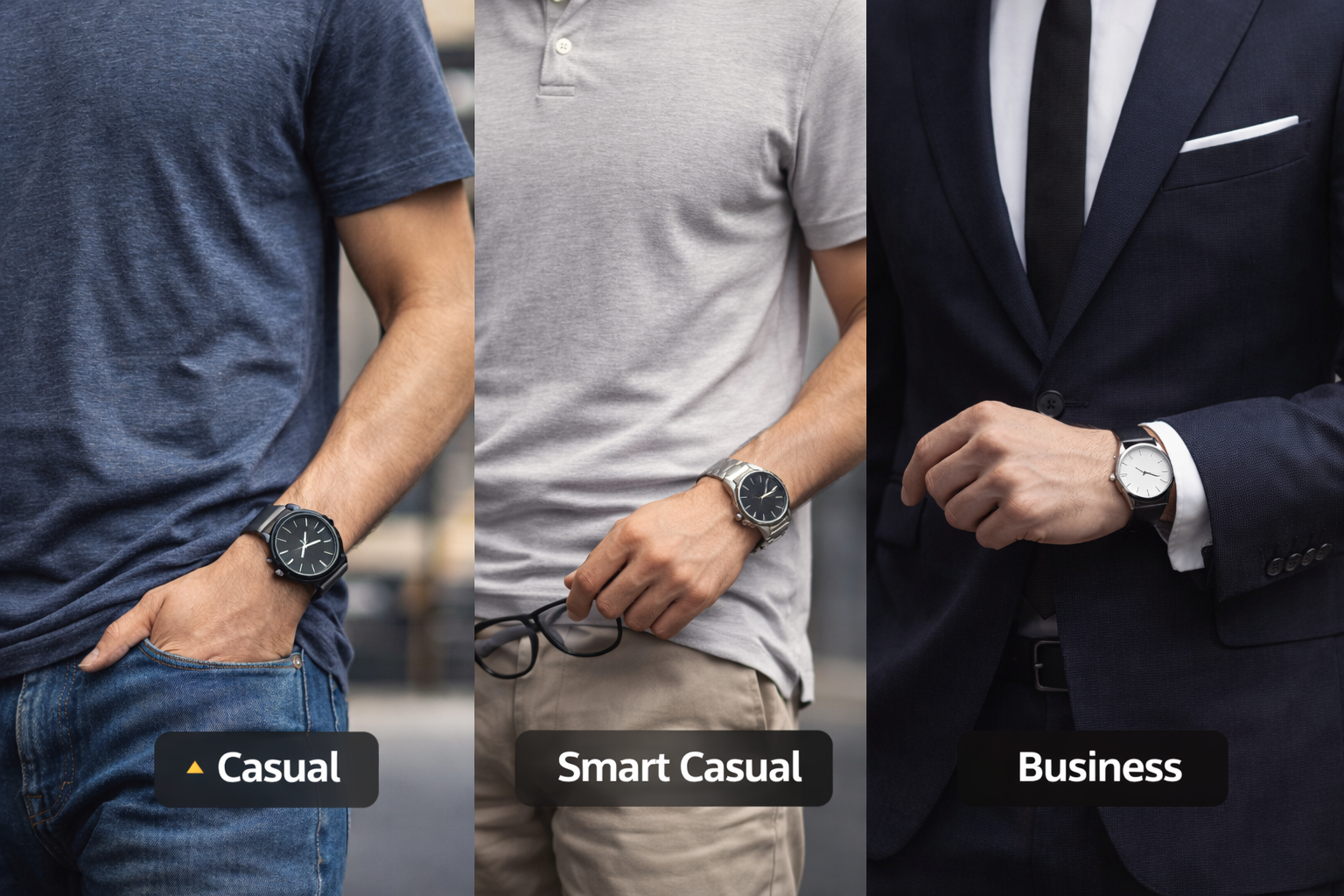 Casual smart casual and business outfit watch matching guide for men