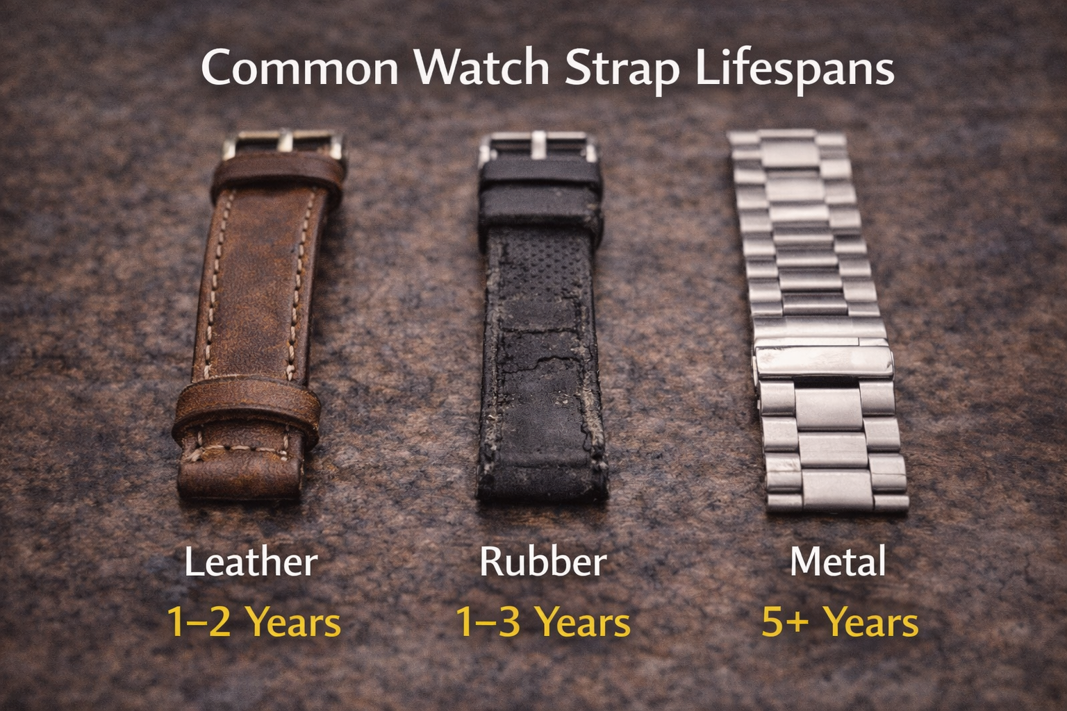 Comparison of leather, rubber, and stainless steel watch strap lifespan from 1 to 5+ years.