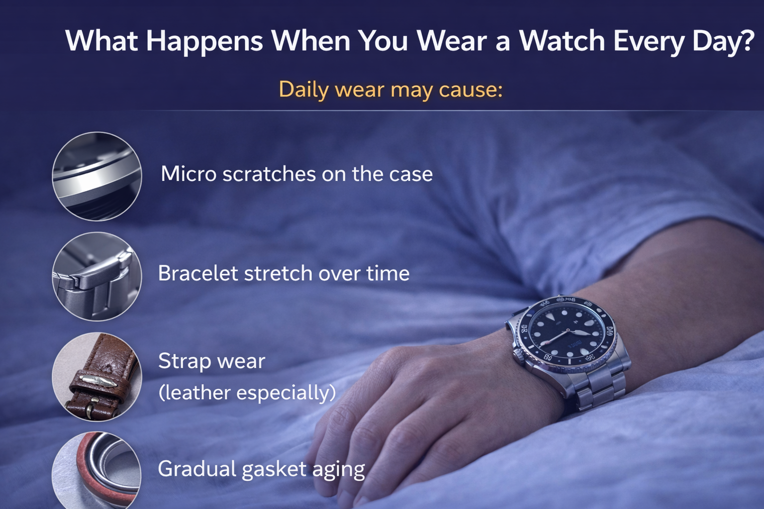 Daily watch wear may cause micro scratches bracelet stretch strap wear and gasket aging over time