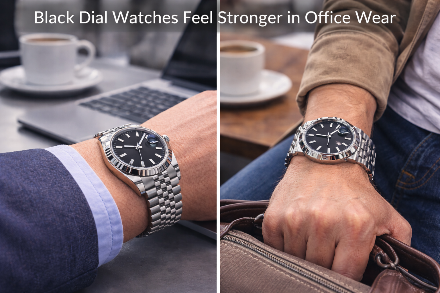 Black dial luxury-style watch shown in office and daily wear to highlight its versatile and balanced appearance