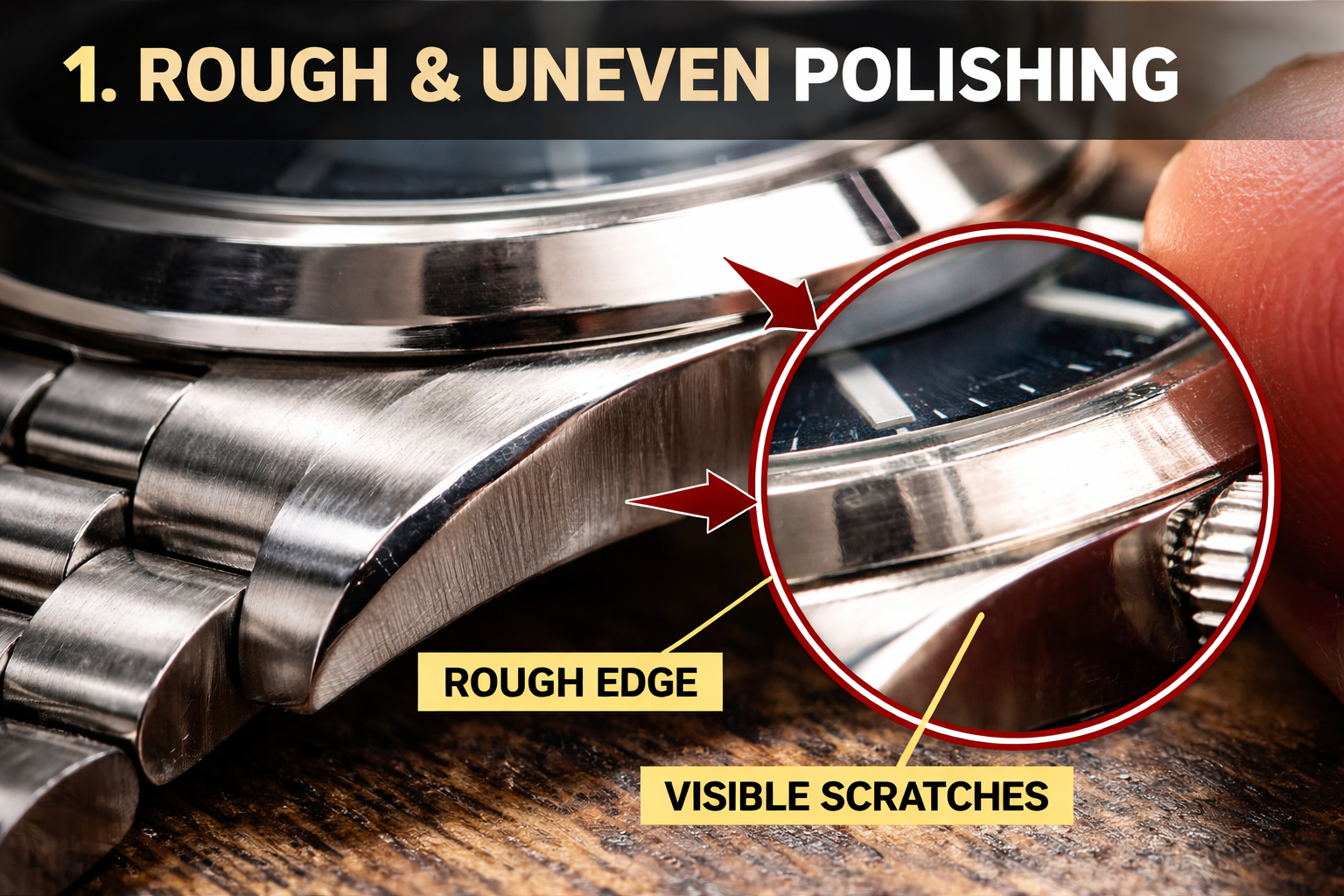 A close-up shot highlights a stainless steel wristwatch showing rough and uneven polishing on the edge of the case with visible scratches and rough finish.