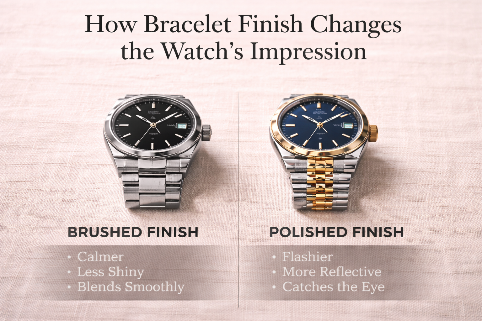 Comparison of two Rolex-style watches with different bracelet finishes. How the bracelet choice impacts the overall understated look.