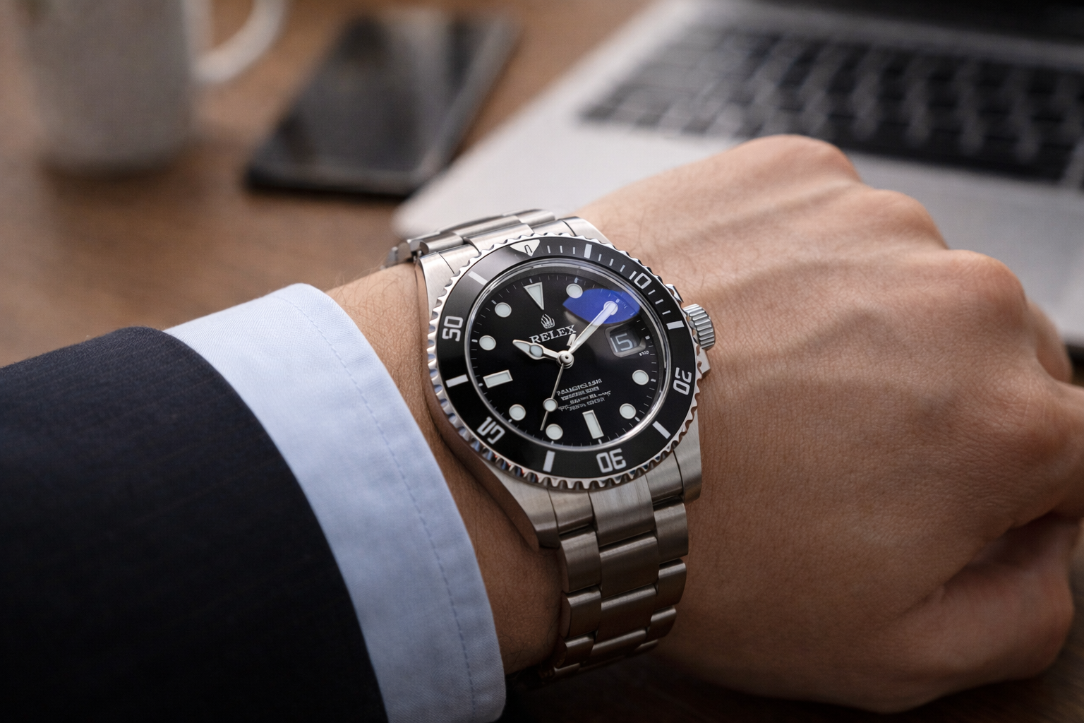 Submariner-style watch crystal behavior and dial depth under indoor lighting