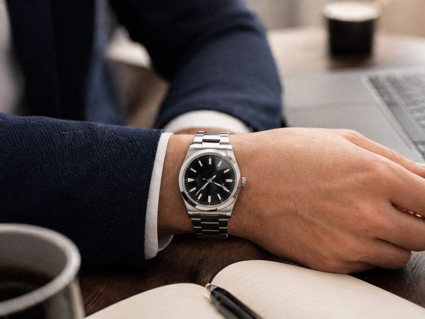 Rolex-style replica watch worn in a business casual daily setting