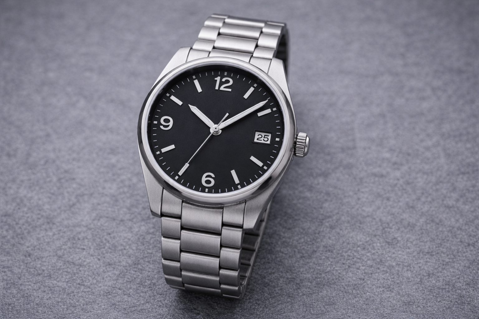 Black dial stainless steel watch displayed alone to show a clean and versatile everyday watch style