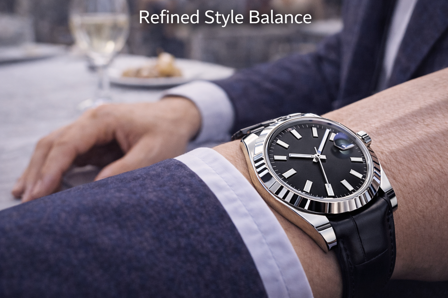 Leather strap watch shown in a formal setting to highlight refined style balance and elegant wrist presence