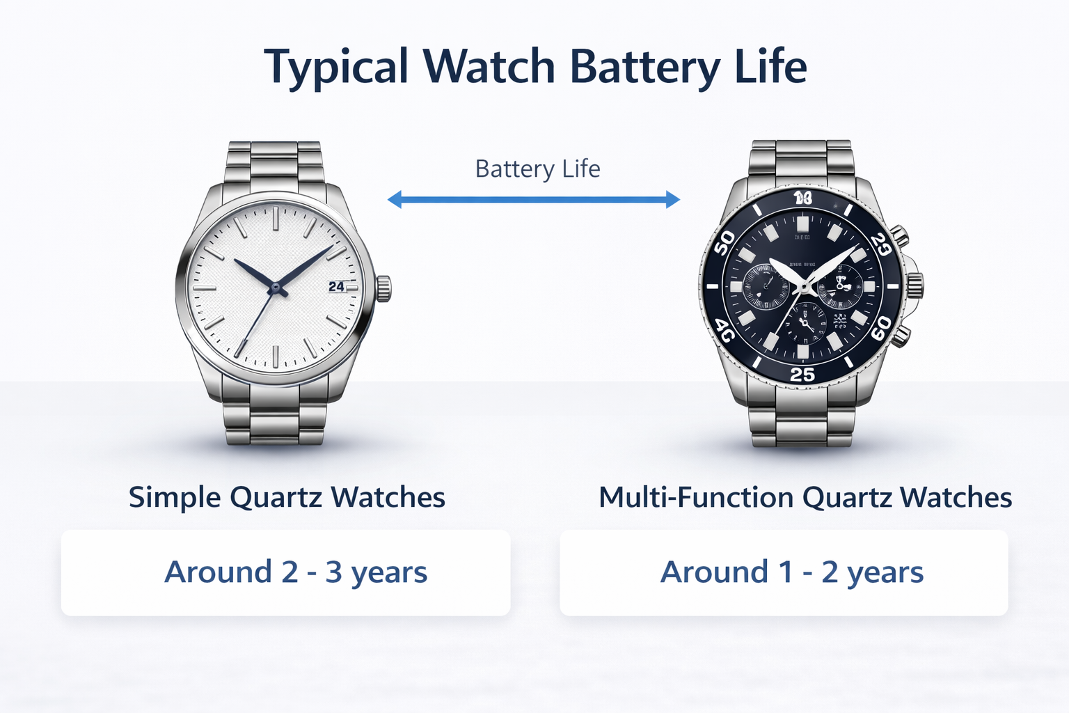 Explanation of typical watch battery life for simple quartz and multi-function watches
