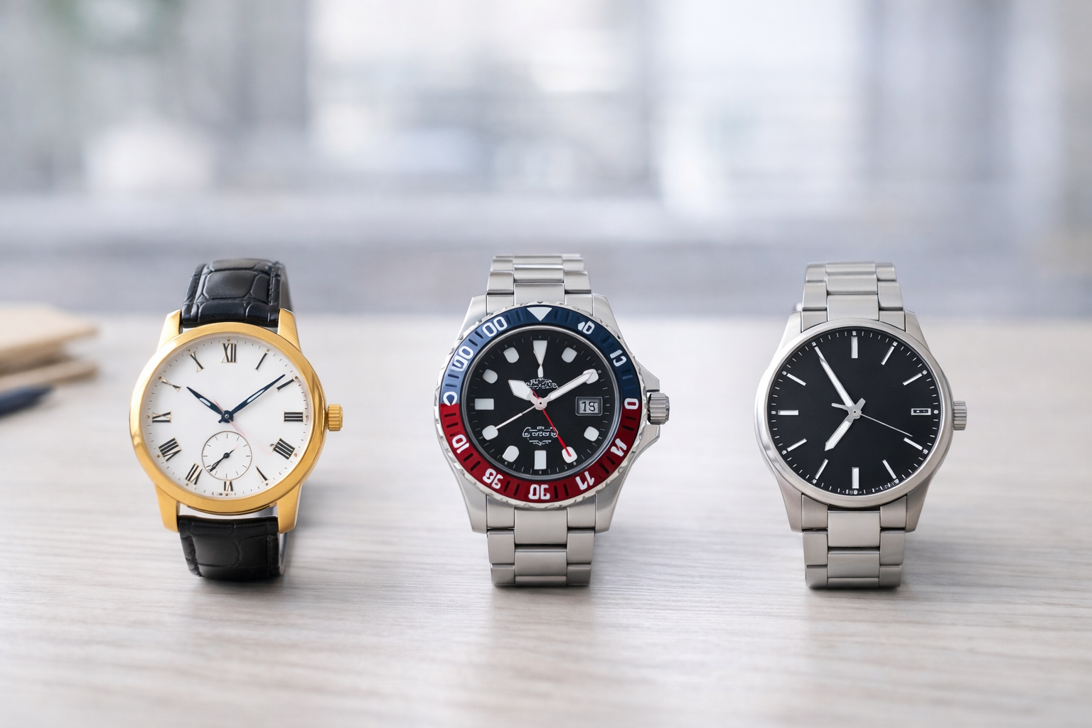 Three different watch styles arranged together to compare dressy, sporty, and simple everyday watch designs