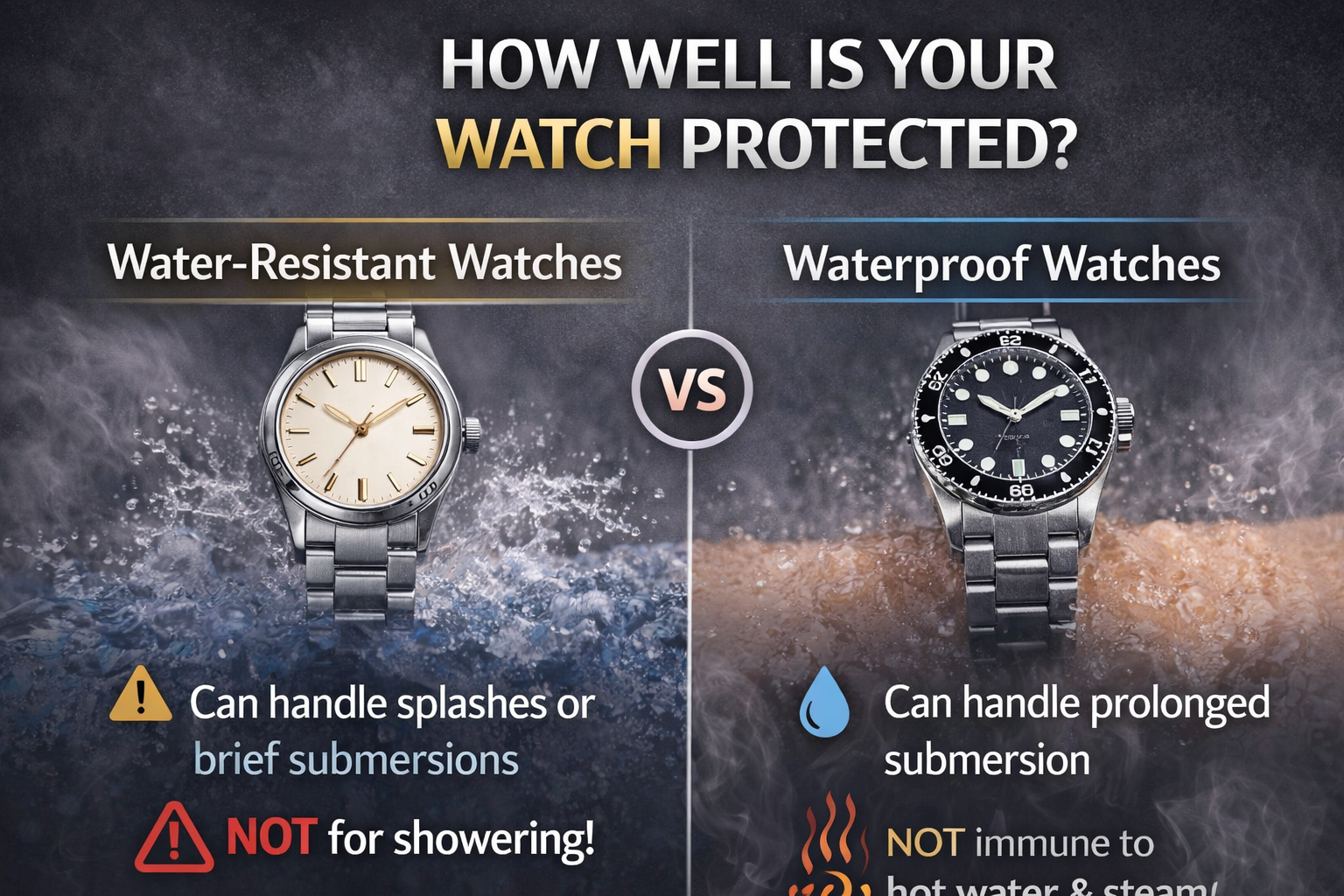 Comparison of watches showing that stronger build and water resistance do not always mean shower-safe use