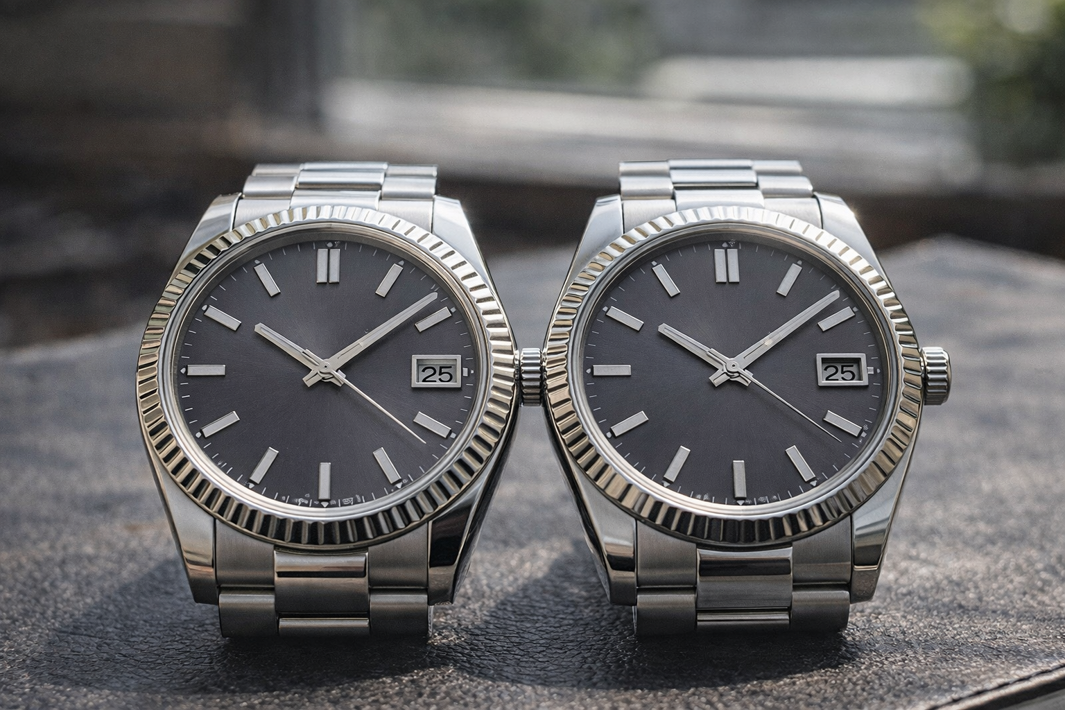 Two luxury-style watches compared in natural light to show differences in case finishing, bezel detail, and dial appearance