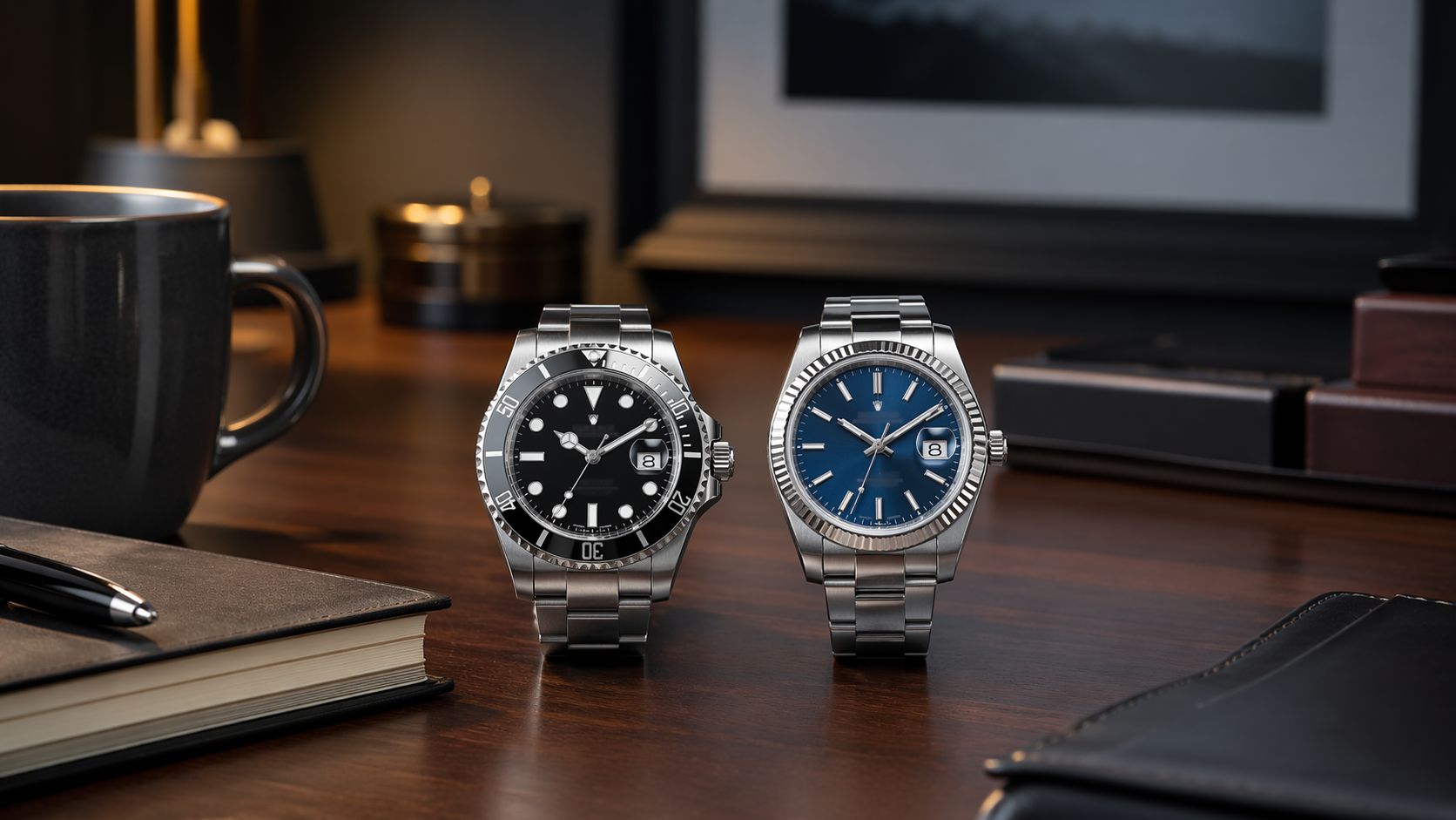 Two luxury-style replica watches compared under soft indoor lighting in a refined desk setting