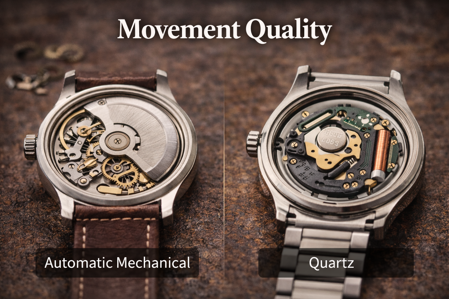 Side-by-side comparison of a quartz watch and a mechanical watch movement, showing structural differences and internal components.