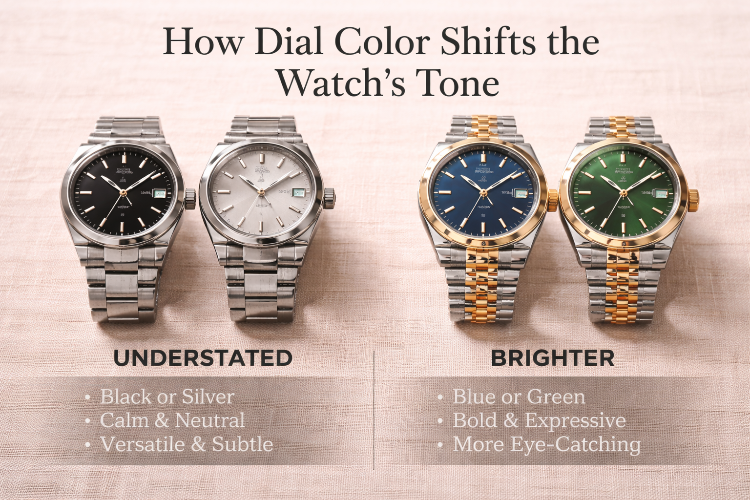 Rolex-style watches with different case sizes showing how sizing affects the overall look and feel.