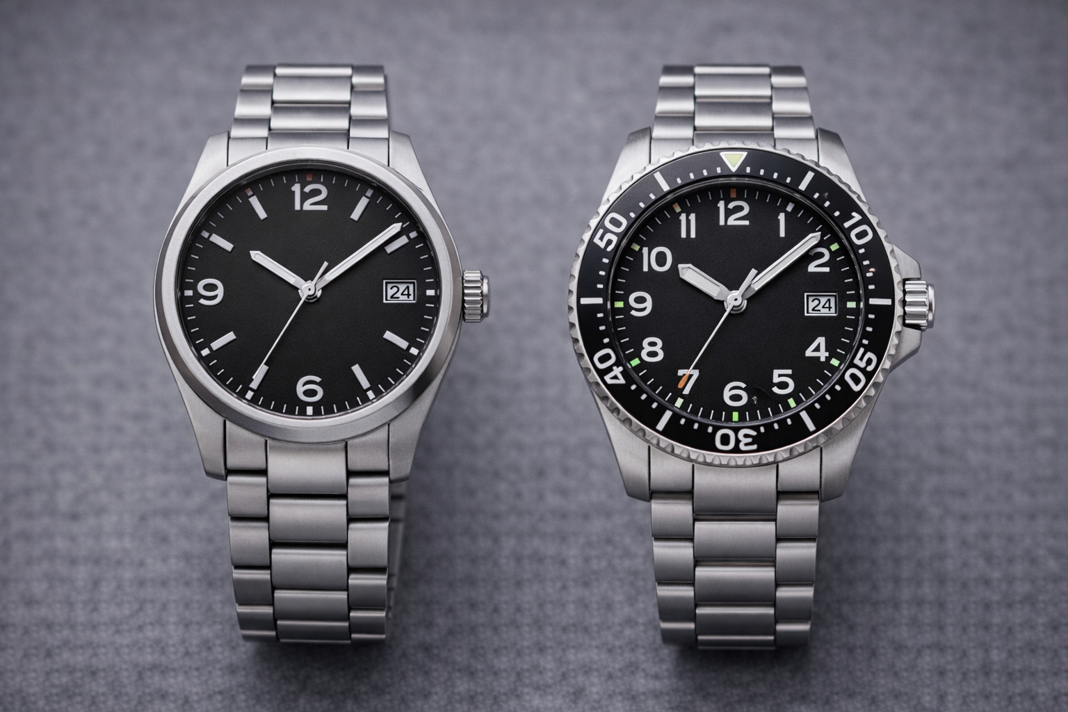 Simple black dial watch and sportier black dial watch displayed side by side to compare everyday versatility and stronger sport styling