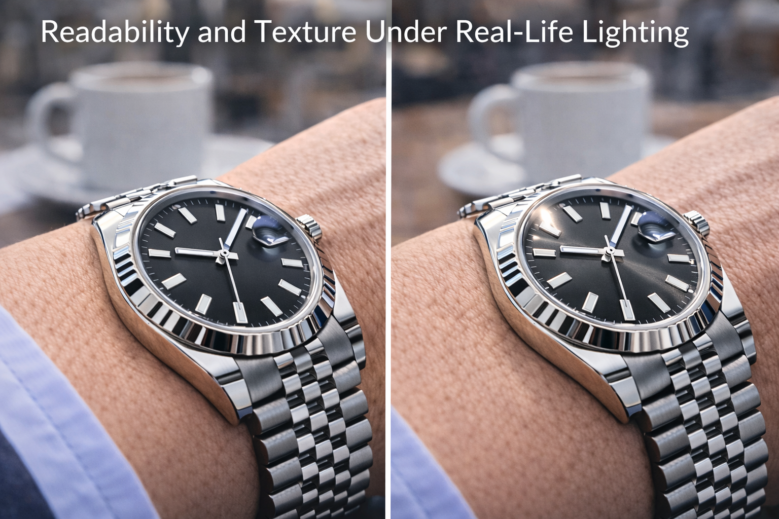 Black dial watch showing dial contrast readability and texture under real-life lighting conditions