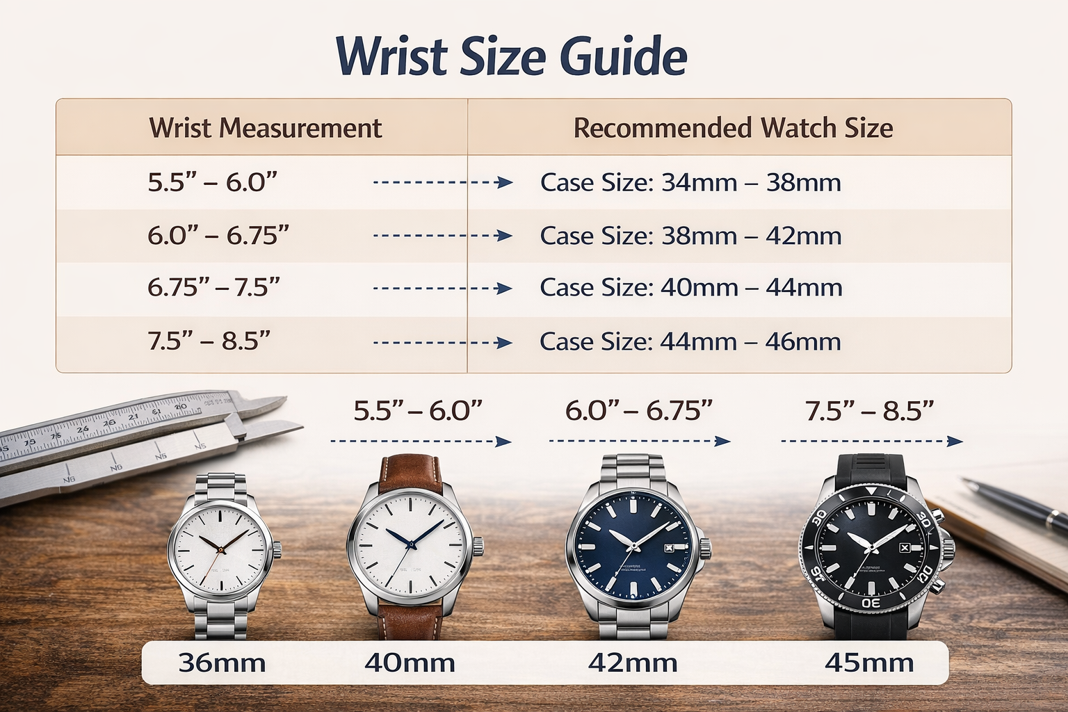 Comparison of wrist size, case diameter, lug-to-lug length, and strap width for choosing the right watch size