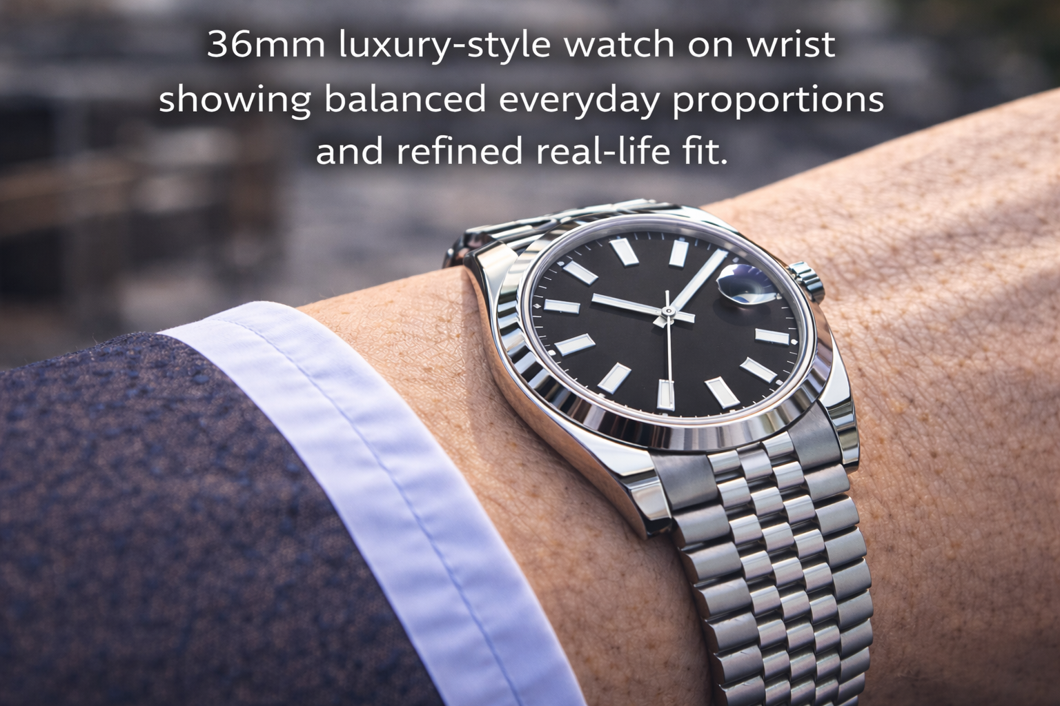 36mm luxury-style watch on wrist showing balanced everyday proportions and refined real-life fit
