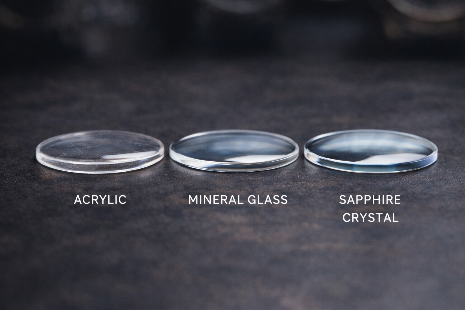Close-up comparison of acrylic, mineral glass, and sapphire watch crystals side by side