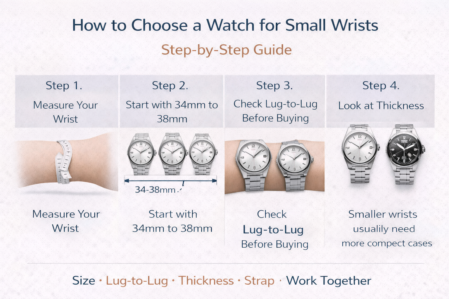 Step-by-step guide to choosing the right watch for small wrists based on size, thickness, and strap style