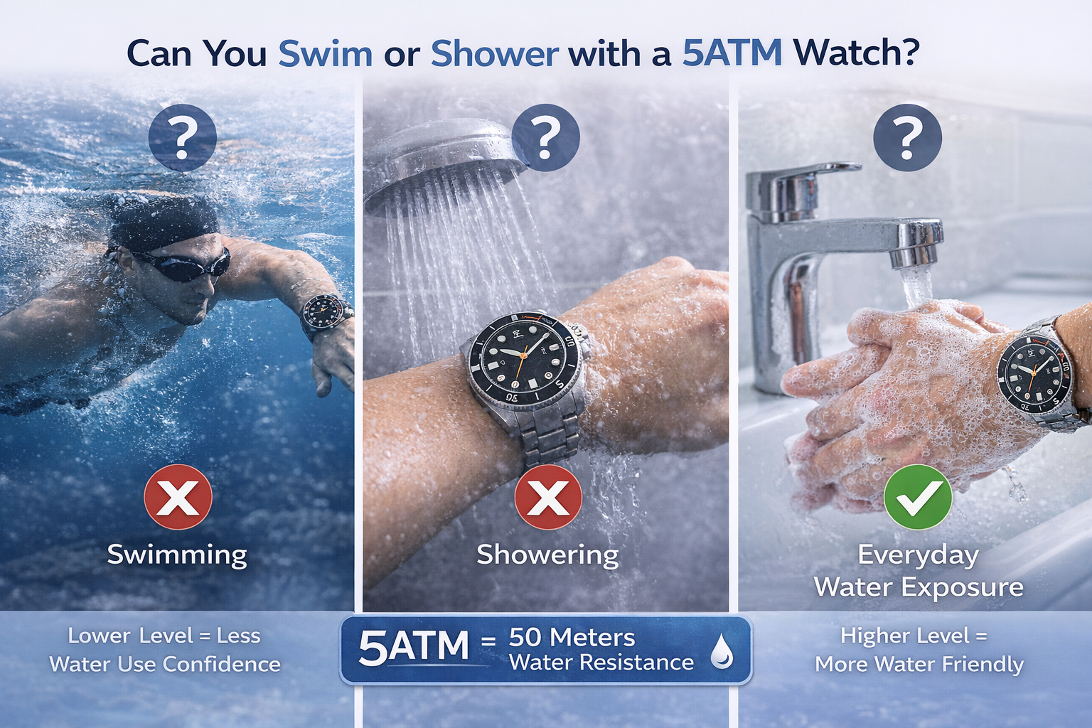 Guide to whether a 5ATM watch is suitable for swimming, showering, or everyday water exposure