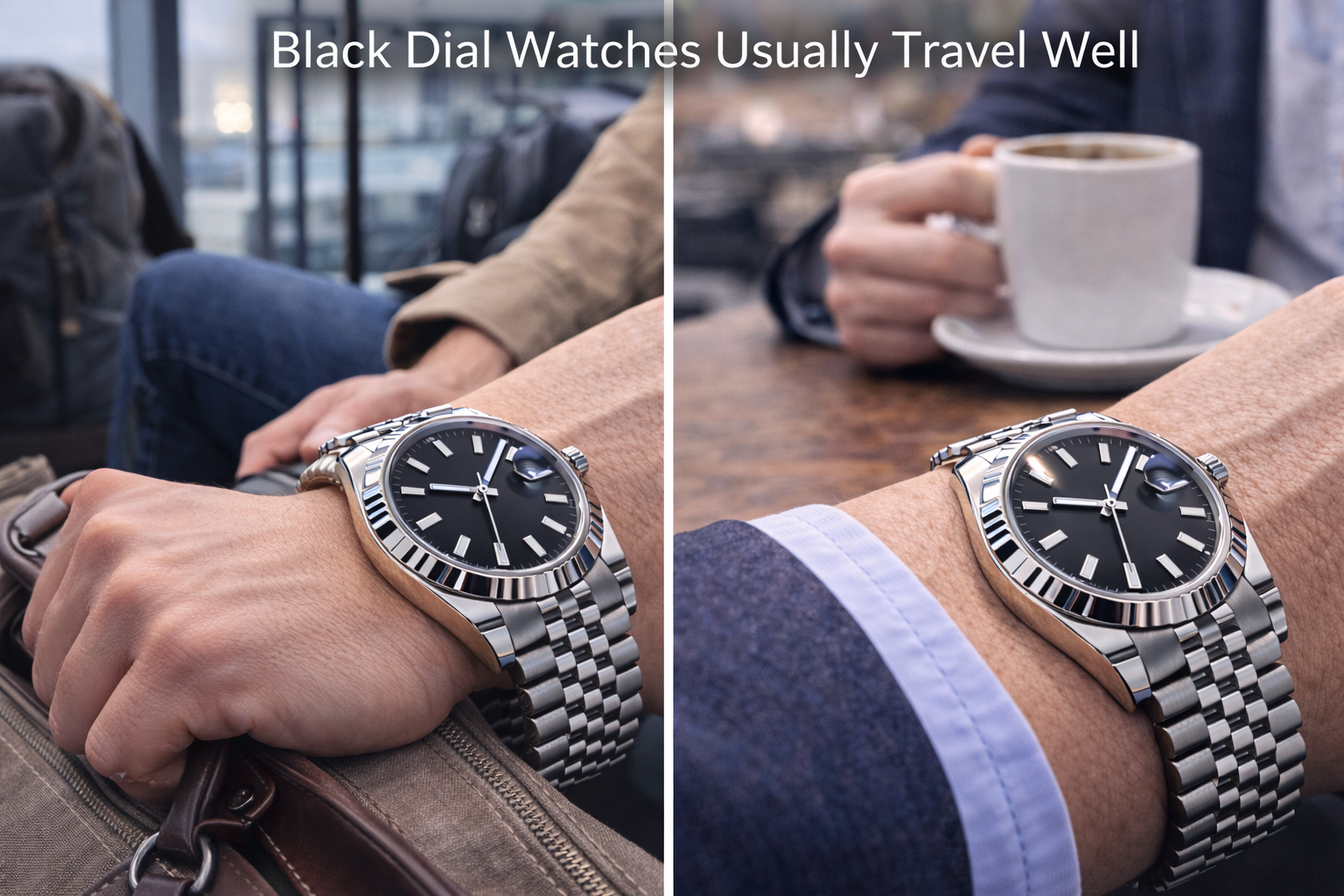 Black dial luxury-style watch worn in a travel and smart casual setting to show one-watch versatility