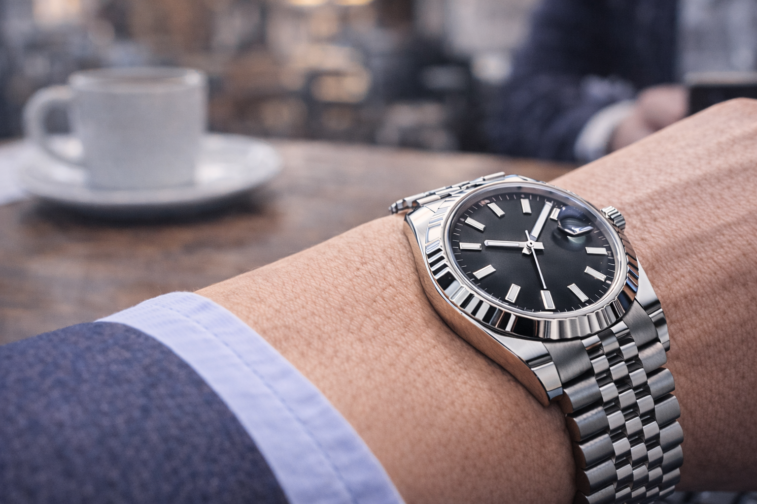 Black dial luxury-style watch on wrist shown in a real-life setting to illustrate everyday versatility
